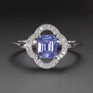 SAPPHIRE DIAMOND COCKTAIL RING EMERALD CUT FLOWER SCALLOPED HALO 14k WHITE GOLD