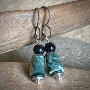 Shungite Earrings with Seraphinite Barrel Beads, Angelic Realms