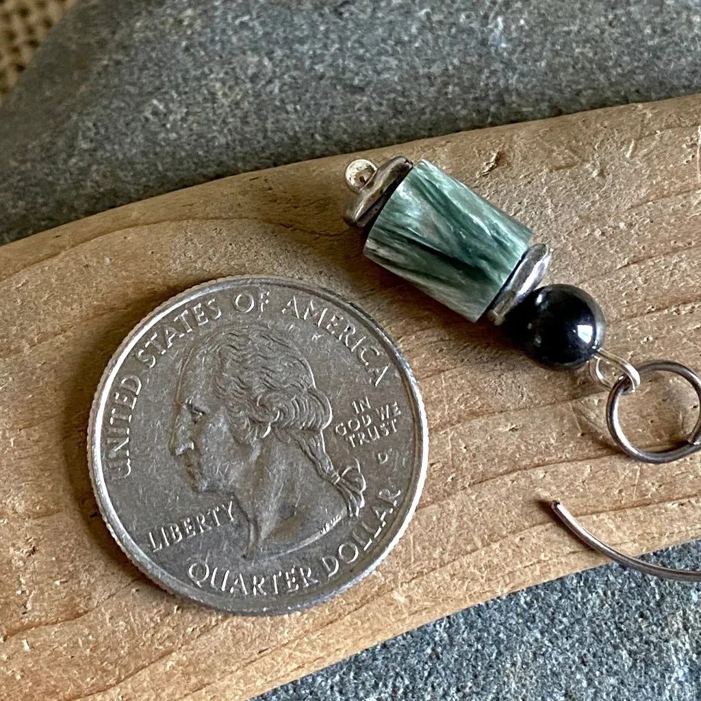 Shungite Earrings with Seraphinite Barrel Beads, Angelic Realms