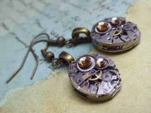 Steampunk Earrings - Unique - One of a kind - Watch movement earring - Gold Swarovski crystals - Great for stocking stuffer or birthday gift