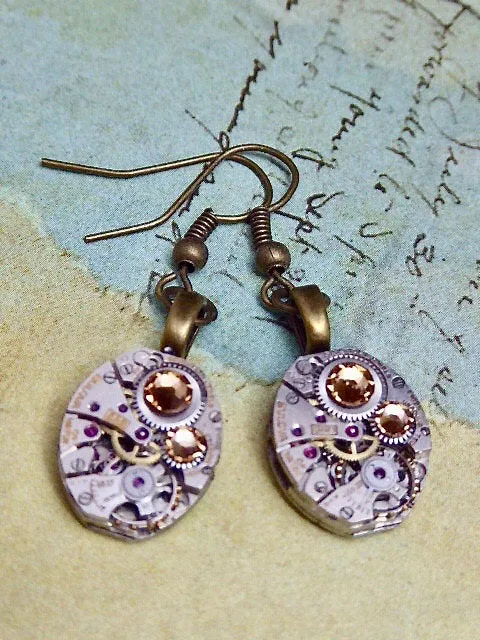 Steampunk Earrings - Unique - One of a kind - Watch movement earring - Gold Swarovski crystals - Great for stocking stuffer or birthday gift