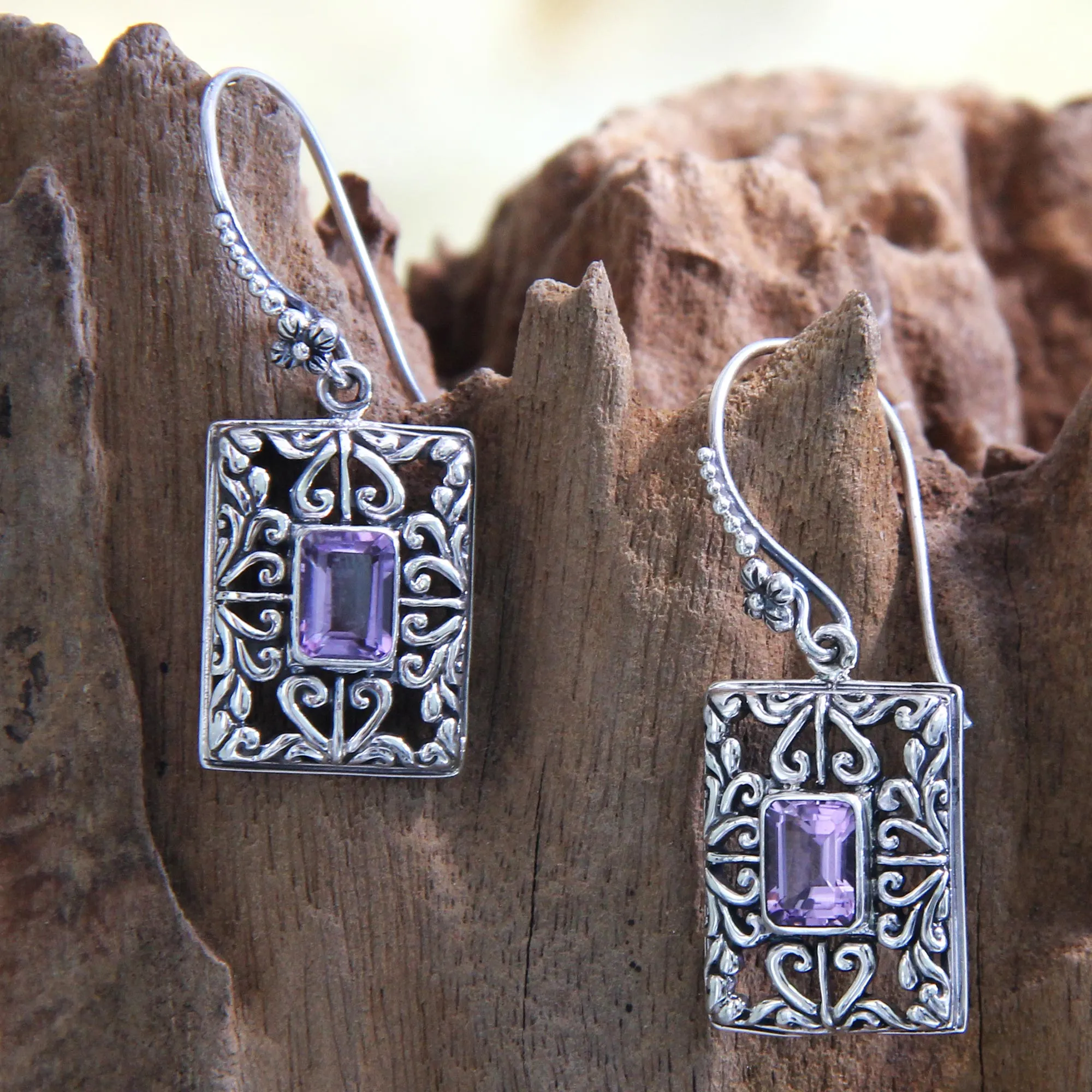 Sterling Silver and Amethyst Dangle Earrings - Mythic Garden | NOVICA