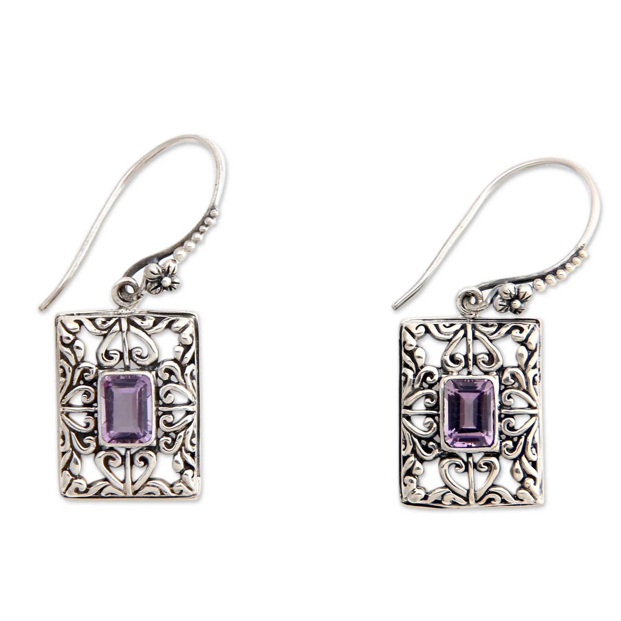 Sterling Silver and Amethyst Dangle Earrings - Mythic Garden | NOVICA