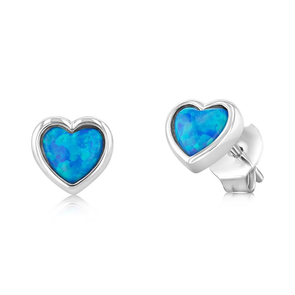 Sterling Silver Heart Shaped Created Blue Opal Stud Earrings