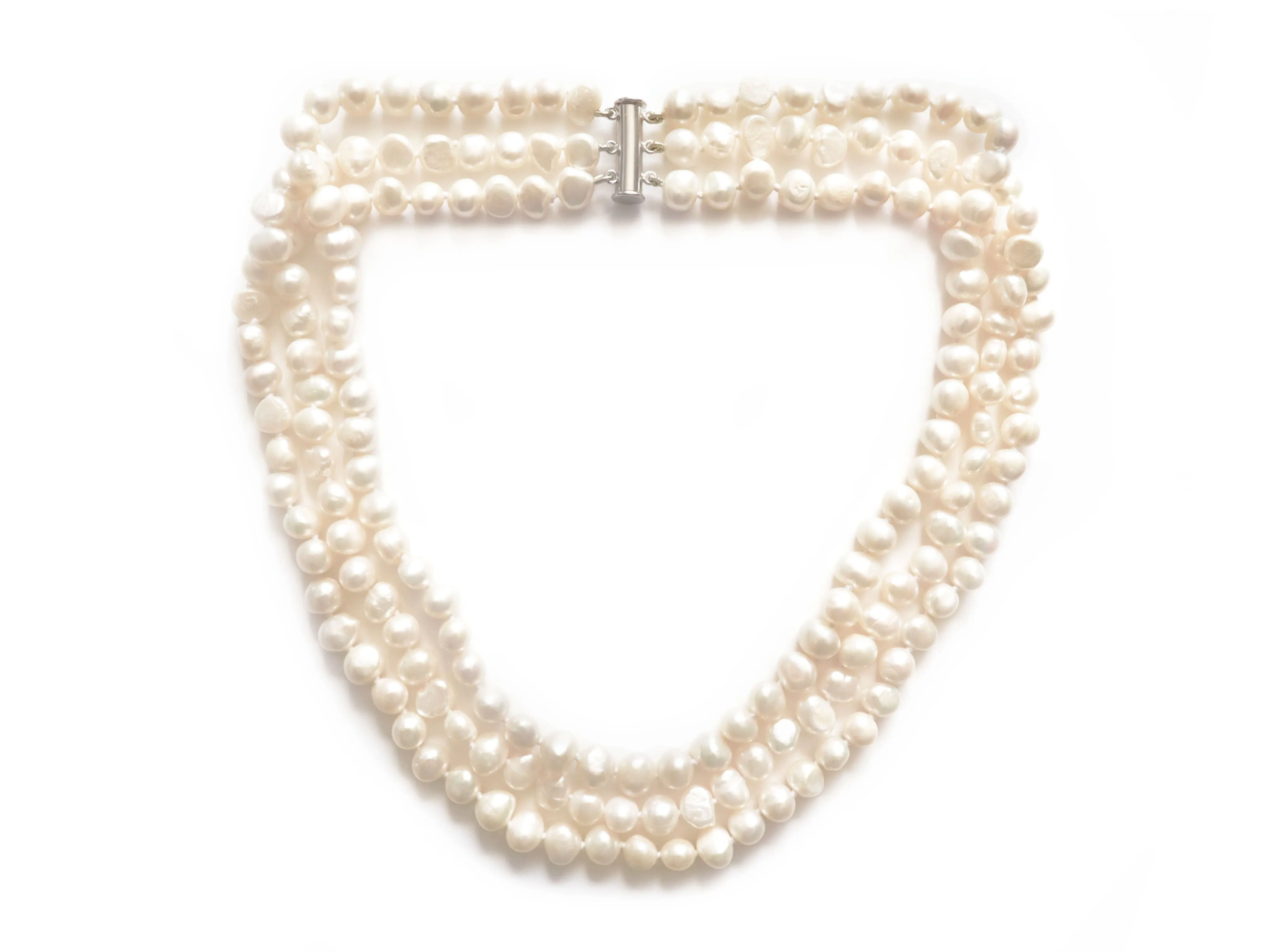 Three Strand Potato Pearl Necklace - White