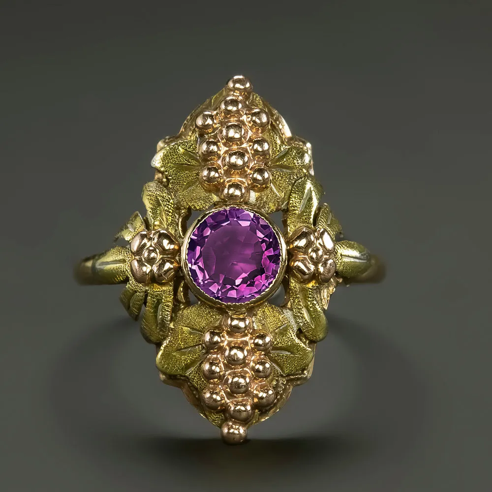 VINTAGE AMETHYST 14k TRI TONE GOLD RING GRAPE BUNCH YELLOW ROSE GREEN COCKTAIL