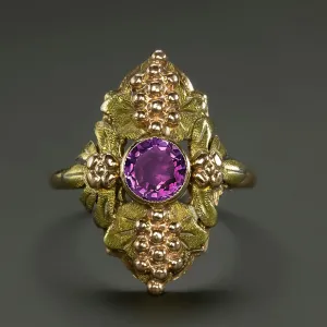 VINTAGE AMETHYST 14k TRI TONE GOLD RING GRAPE BUNCH YELLOW ROSE GREEN COCKTAIL