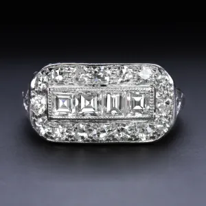 VINTAGE DIAMOND COCKTAIL RING PLATINUM CARRE CUT HALO BAND NATURAL RETRO ESTATE