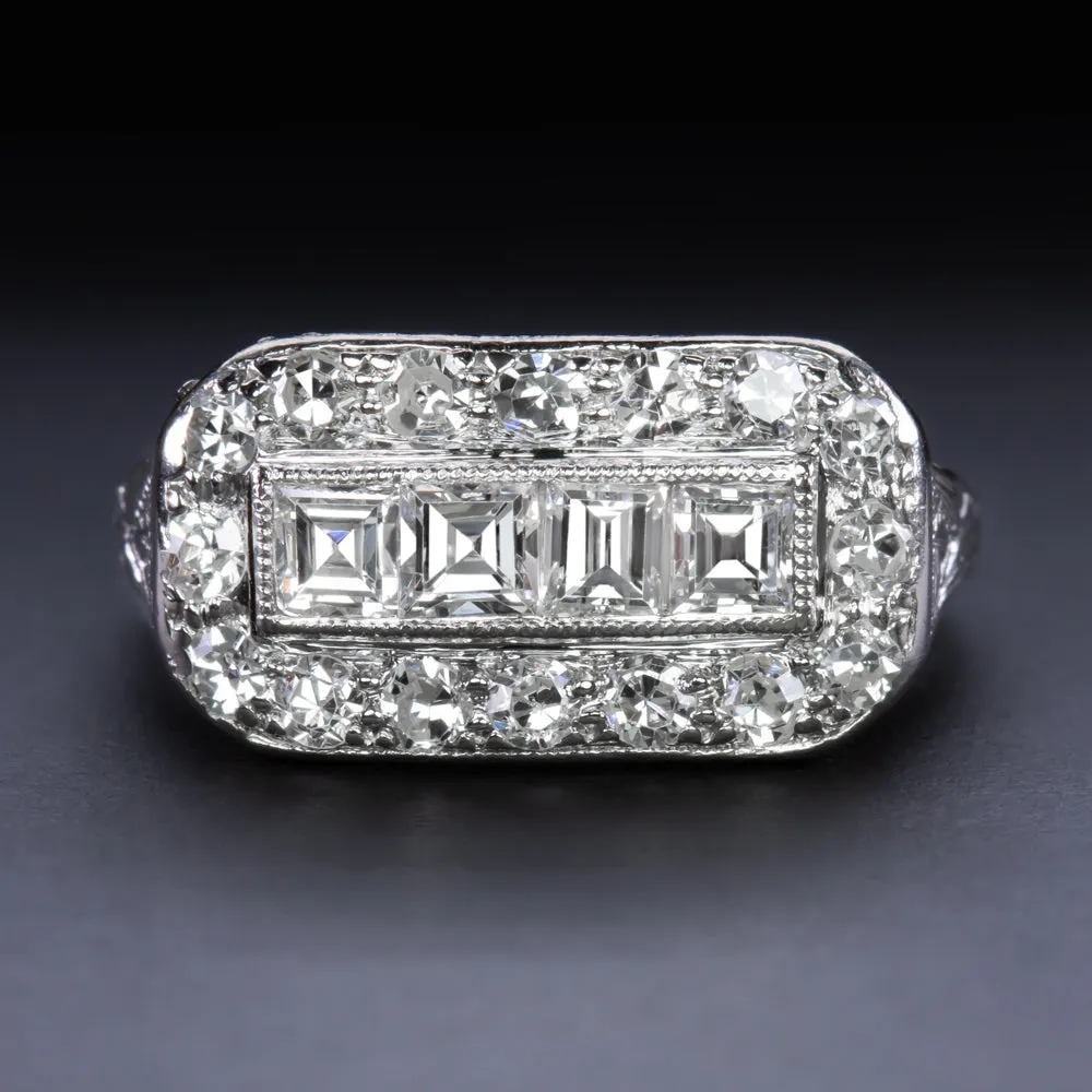 VINTAGE DIAMOND COCKTAIL RING PLATINUM CARRE CUT HALO BAND NATURAL RETRO ESTATE