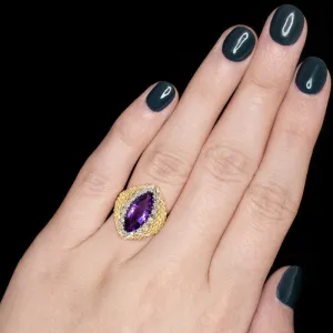 VINTAGE ITALIAN 18K GOLD AMETHYST DIAMOND RING BIG COCKTAIL DESIGNER STATEMENT