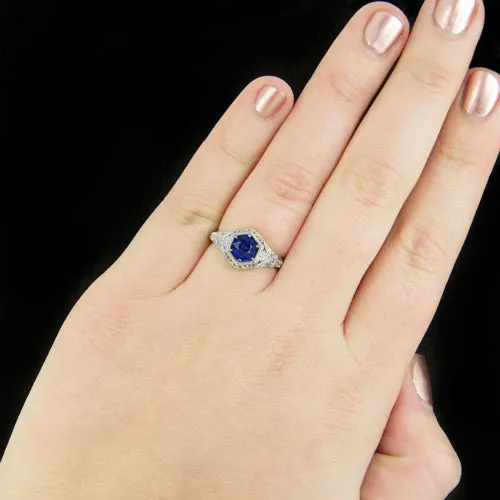 VINTAGE STYLE 1ct NATURAL SAPPHIRE ART NOUVEAU ENGAGEMENT RING FLORAL COCKTAIL