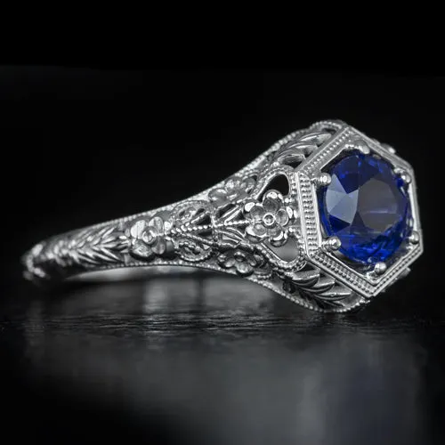 VINTAGE STYLE 1ct NATURAL SAPPHIRE ART NOUVEAU ENGAGEMENT RING FLORAL COCKTAIL