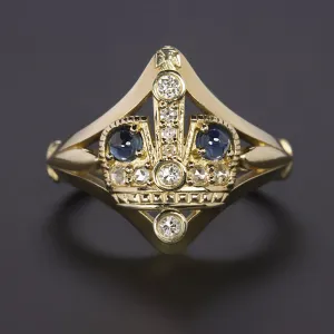 VINTAGE STYLE SAPPHIRE DIAMOND CROWN RING 14k YELLOW GOLD COCKTAIL ESTATE