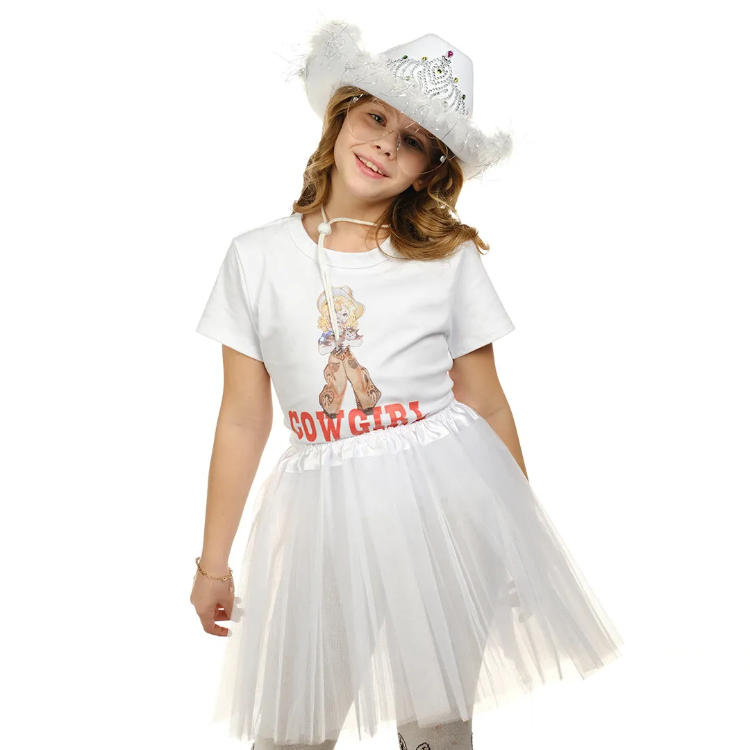 White Cowgirl Hat with Heart Glasses - White Cowboy Hat with Tiara Crown - Halloween Cow Girl Costume Accessories - Fun Rodeo Party Hats and Goggles for Women, Girls and Kids - FUNCREDIBLE