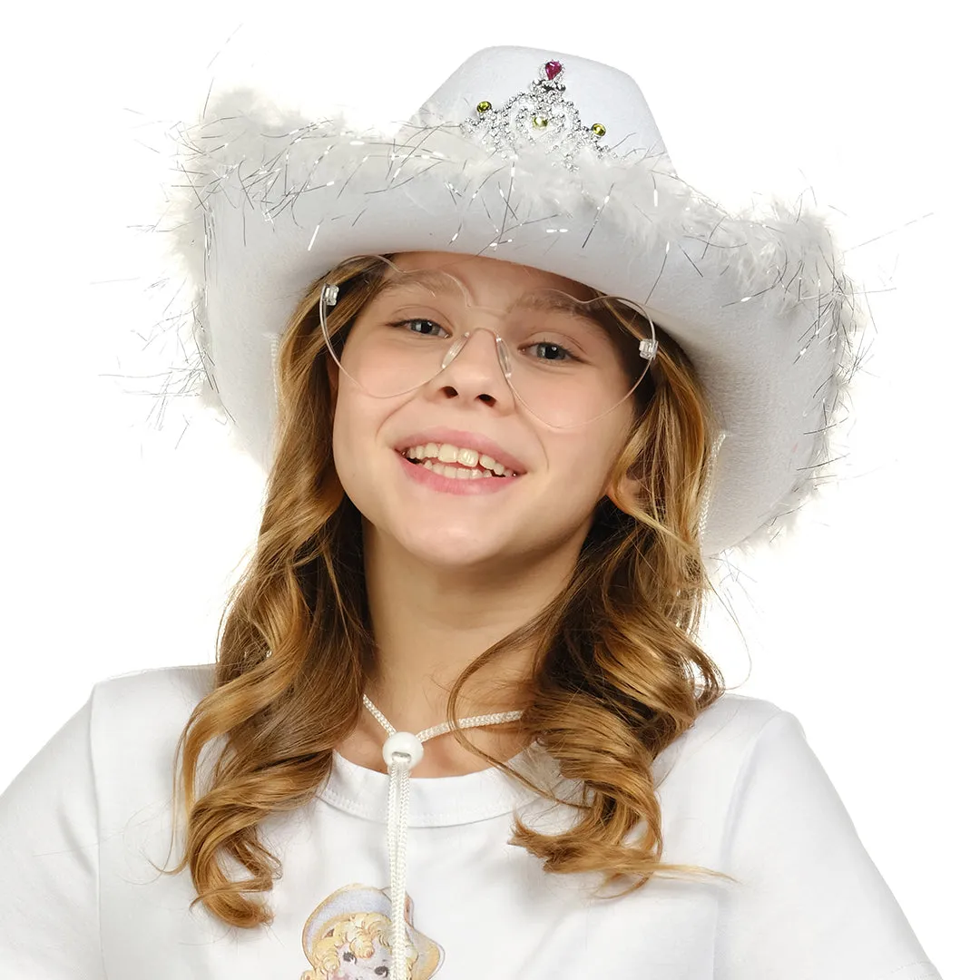 White Cowgirl Hat with Heart Glasses - White Cowboy Hat with Tiara Crown - Halloween Cow Girl Costume Accessories - Fun Rodeo Party Hats and Goggles for Women, Girls and Kids - FUNCREDIBLE