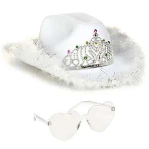 White Cowgirl Hat with Heart Glasses - White Cowboy Hat with Tiara Crown - Halloween Cow Girl Costume Accessories - Fun Rodeo Party Hats and Goggles for Women, Girls and Kids - FUNCREDIBLE