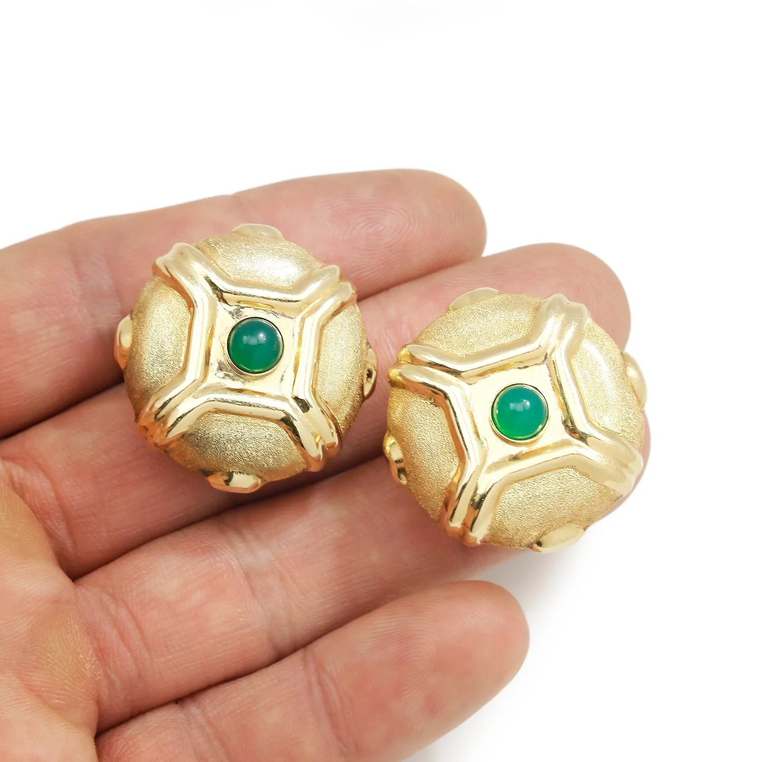 Yellow Gold Etruscan Style Green Chrysoprase Omega Earrings